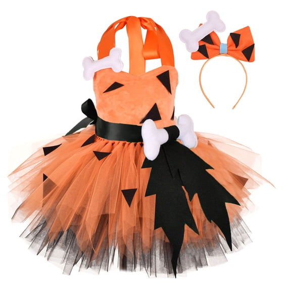 Virmaxy Toddler Baby Girls Fancy Tutu Dress Halloween Cosplay Dress Up Bamm-Bamm Clothing Historical Stone Age Themed Cavegirls Mesh Lace Princess Dress Orange 5T