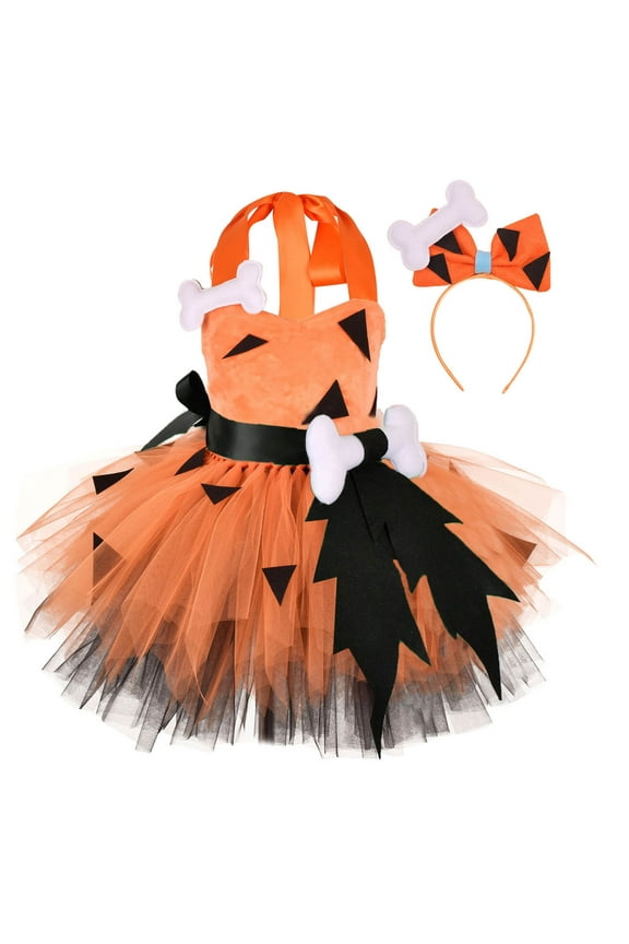 Toddler Baby Girls Fancy Tutu Dress Halloween Cosplay Dress Up Bamm-Bamm Clothing Historical Stone Age Themed Cavegirls Mesh Lace Princess Dress Orange 3T