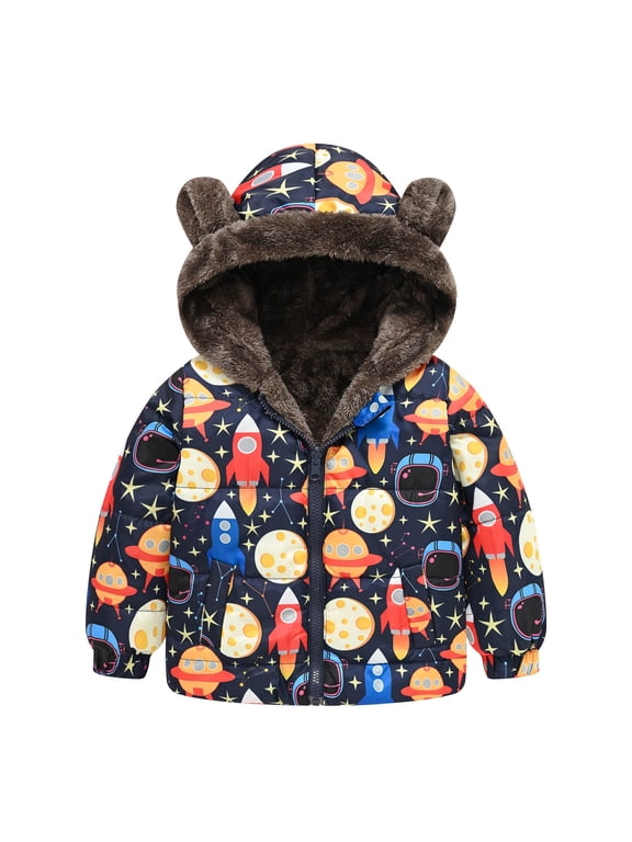 Toddler Baby Puffer Hooded Jacket With Ears Cute Printed Windproof Fleece Lined Down Coat Winter Thick Casual Keep Warm Hooded Tops For Boys And Girls Multicolor-B 18-24 Months