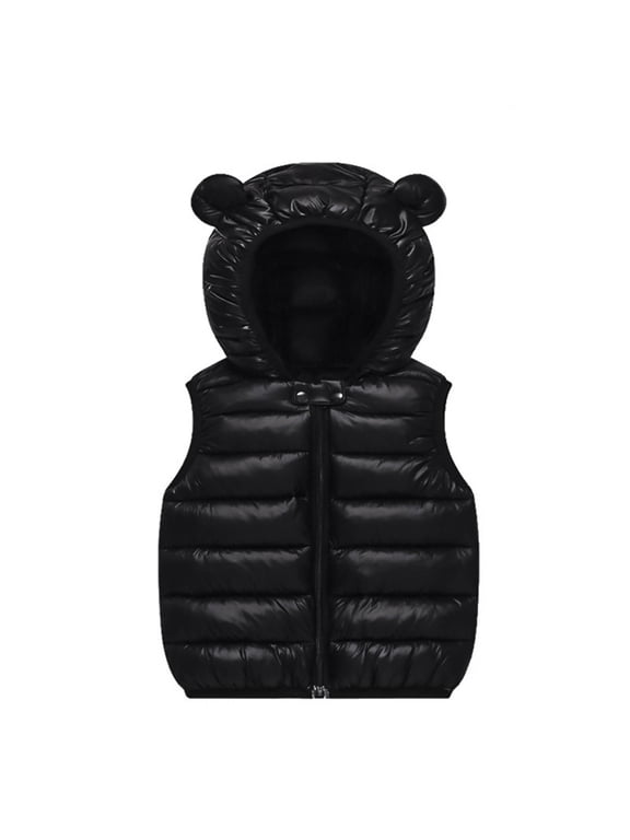 Toddler Baby Puffer Hooded Vest Cute Bear Ears With Hood Solid Color Long Sleeve Zip Up Waistcoat For Girls And Boys Black 18-24 Months