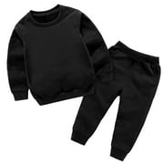 Virmaxy Toddler Baby Sweatshirt 2 Piece Set Solid Color Crew Neck Long Sleeve Tops With Elastic Waist Sweatpants With Pocket Set Fall Winter Fashion Set For Kids Black 2T