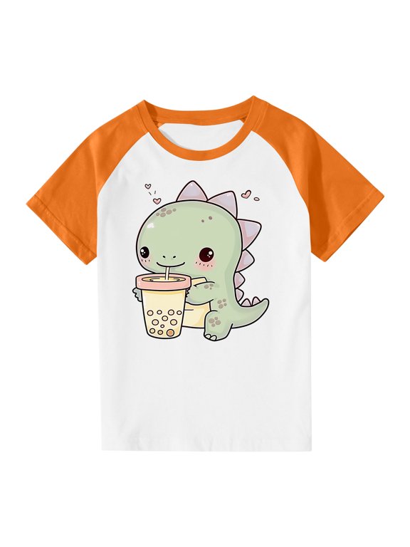 Toddler Boys Girls Cute Dinosaur Print T-Shirt Unisex Kids Trendy Plunger Short Sleeve Blouses 2025 Summer Lightweight Loose Fit Crewneck Blouses Tops Orange-1 4 Years