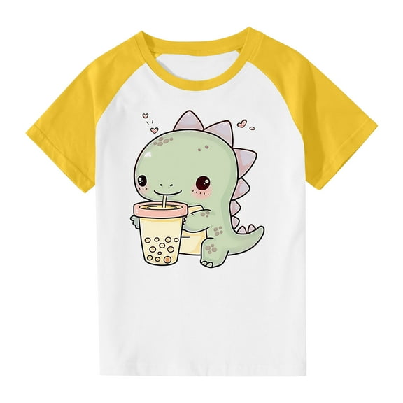 Virmaxy Toddler Boys Girls Cute Dinosaur Print T-Shirt Unisex Kids Trendy Plunger Short Sleeve Blouses 2025 Summer Lightweight Loose Fit Crewneck Blouses Tops Yellow-1 3 Years