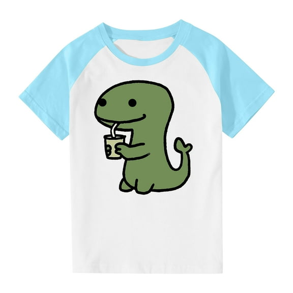 Virmaxy Toddler Boys Girls Kawaii Dinosaur Print T-Shirt Children'S Trendy Plunger Short Sleeve Blouses 2025 Summer Lightweight Loose Fit Crewneck Blouses Tops Blue-2 7 Years