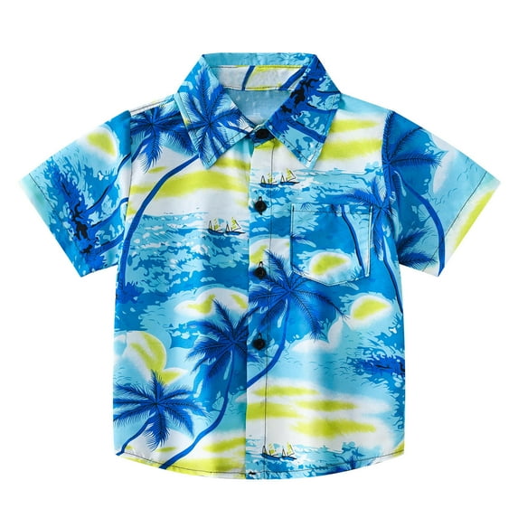 Virmaxy Toddler Boys Summer Trendy T-shirt Toddler Baby Boys Fashion Short Sleeve Blouse with Pocket Tropical Seaside Print Retro Shirt Lapel Collar Button Open Front Tops Blue-A 3T