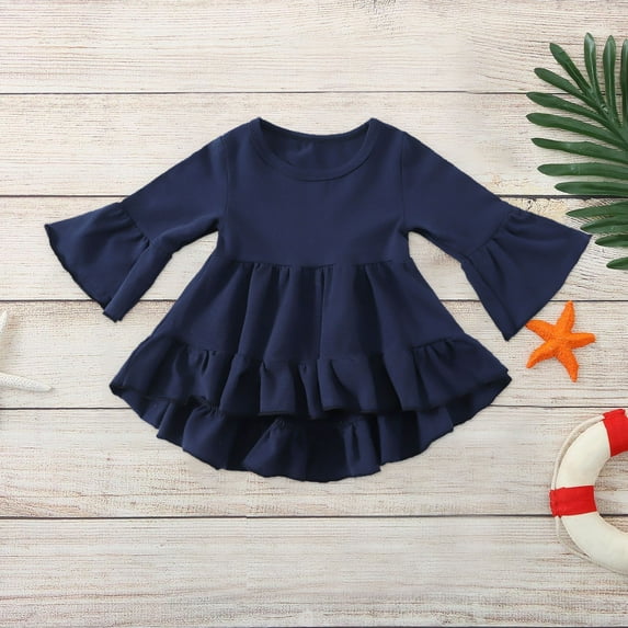 Virmaxy Toddler Children's Bottom Shirt Baby Girl Fashion Cute Solid Colour Ruffle Flare Long Sleeve Top Bottom Shirt Navy 3T