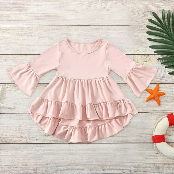 Virmaxy Toddler Children's Bottom Shirt Baby Girl Fashion Cute Solid Colour Ruffle Flare Long Sleeve Top Bottom Shirt Pink 3T