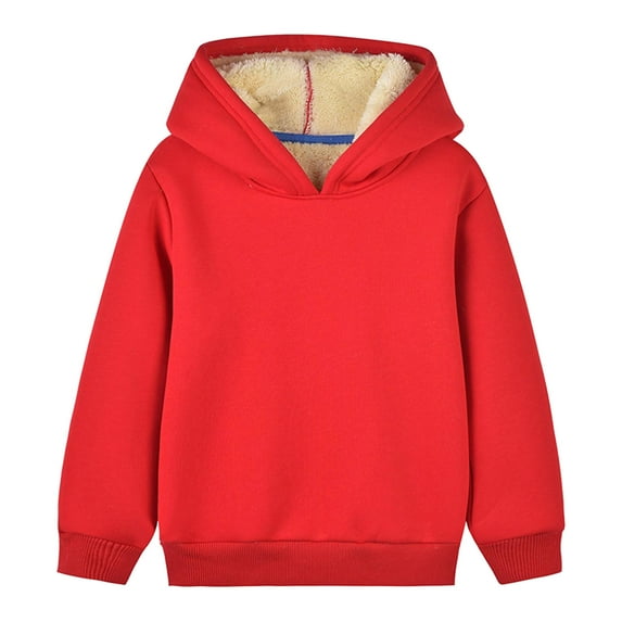 Virmaxy Toddler Girls Boys Sherpa Hoodie Kids Solid Padded Thicken Hooded Sweatshirt Long Sleeve Robbie Cuffs Pullover Plush Blouse Fall Winter Trendy Versatile Warm Fleece Tops Red 6T