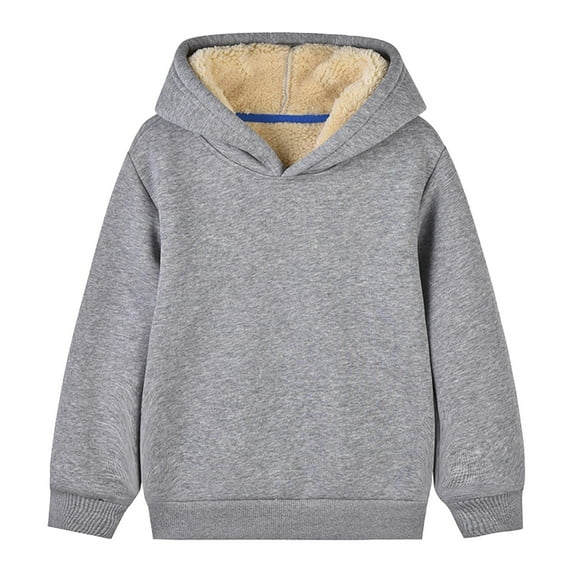Virmaxy Toddler Girls Boys Sherpa Hoodie Kids Solid Padded Thicken Hooded Sweatshirt Long Sleeve Robbie Cuffs Pullover Plush Blouse Fall Winter Trendy Versatile Warm Fleece Tops Gray 5T