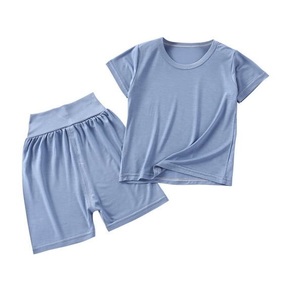 Virmaxy Toddler Infant Baby Boys Girls Solid T-shirt Suit Unisex Little Kids Short Sleeve Pure Color Tops Crew Pullover Blouse Shirt with High Waist Shorts 2 PC Set Blue 5T