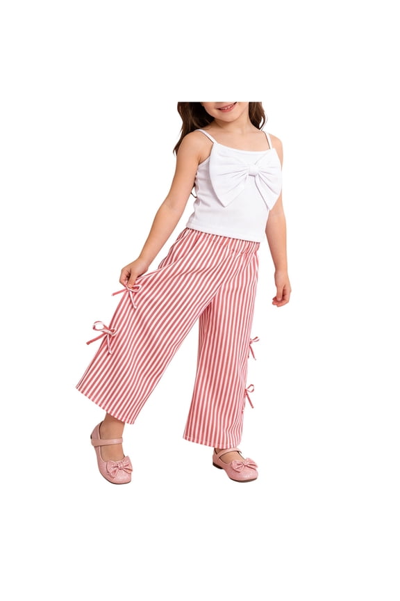 Two Piece Outfits Bow Front Cami Top and Striped Wide Leg Pants Set Girls Sweet Casual Suit for Summer Daily Wear for 3-7 Years Pink