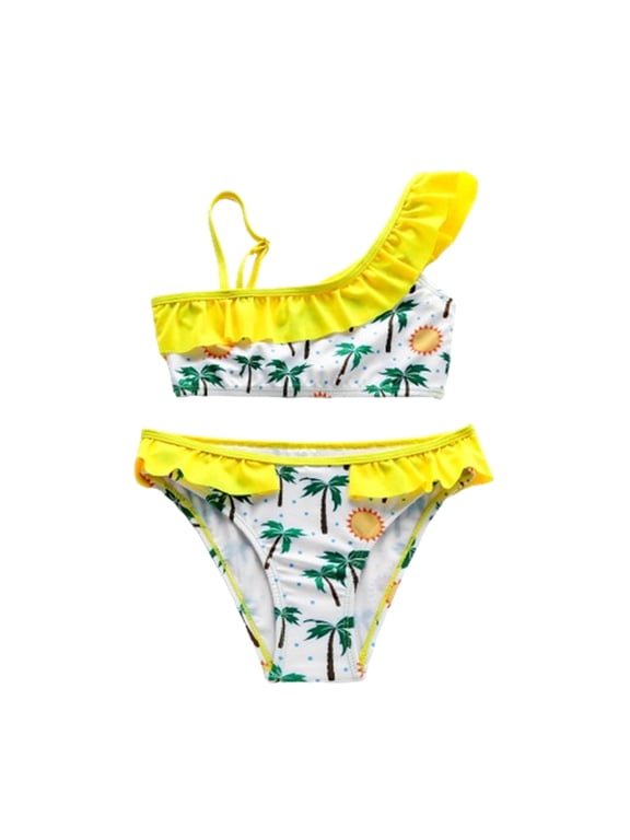 Two Piece Palm Tree Graphic Tankini Swimsuits for Toddler Baby Girls 3-9 Years Girls Ruffled One Shoulder Swimsuit Leaf Gradient Color Girls Split Swimsuit Yellow