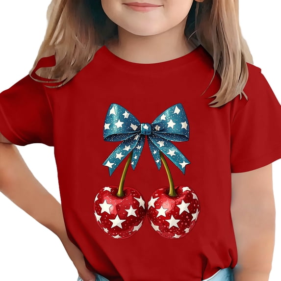 Virmaxy Unisex 4th of July Cherry Print Summer T-Shirt American Flag Crew Neck Short Sleeve Loose Tee for Independence Day Celebration, for 3-15Y