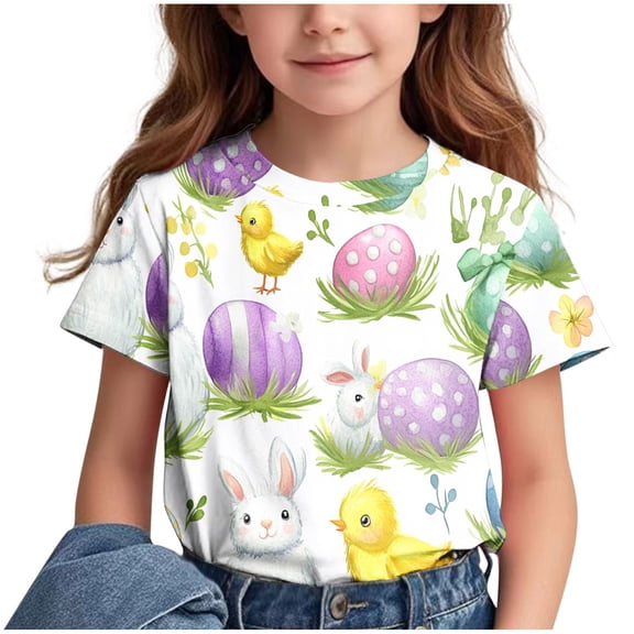 Virmaxy Unisex Kids Easter Graphic T-Shirt Rabbit & "Happy Easter" Print Round Neck Tee for 3-14Yrs Outdoor Activities, Family Photos Purple-1 3 Years