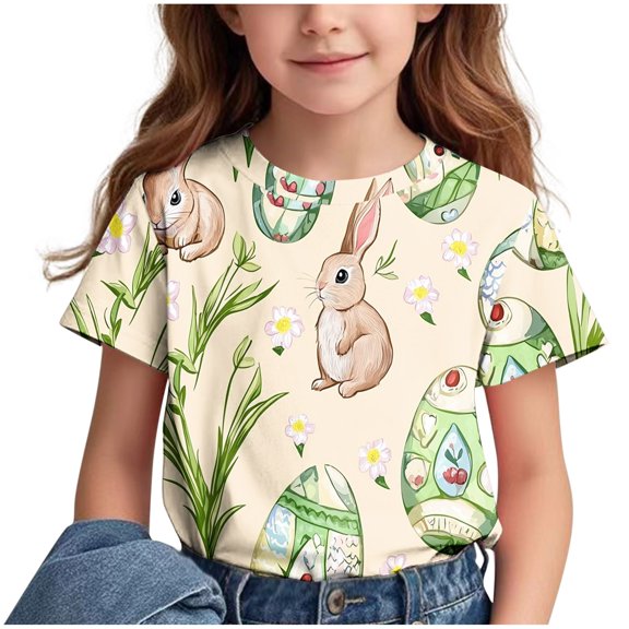 Virmaxy Unisex Kids Easter Graphic T-Shirt Rabbit & "Happy Easter" Print Round Neck Tee for 3-14Yrs Outdoor Activities, Family Photos Green-1 4 Years