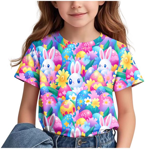 Virmaxy Unisex Kids Easter Graphic T-Shirt Rabbit & "Happy Easter" Print Round Neck Tee for 3-14Yrs Outdoor Activities, Family Photos Pink-3 3 Years