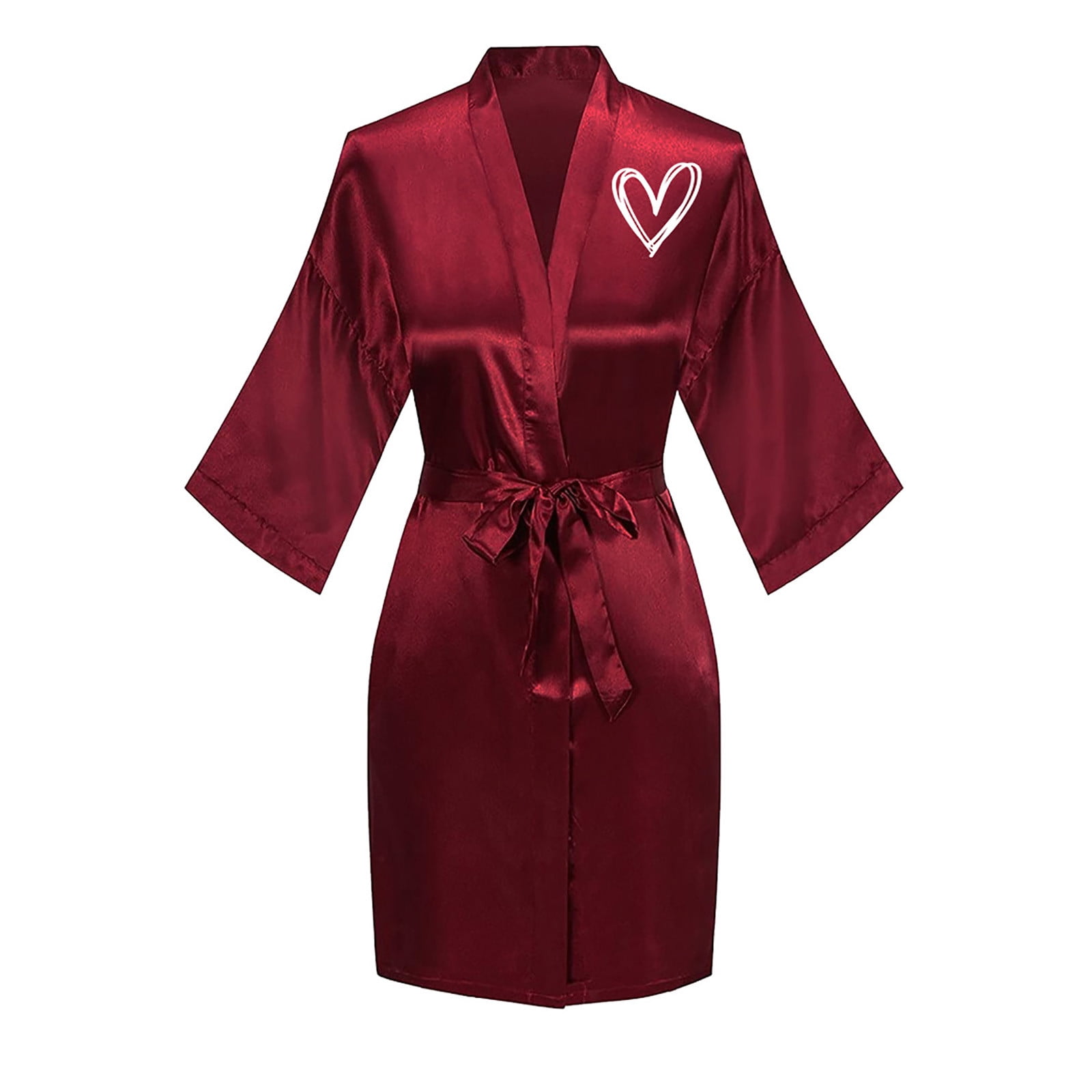 Virmaxy Valentine's Day Silk Robe for Women Love Graphic Long Satin Bride  Bridesmaid Wedding Party Robes Lightweight Soft Sleepwear Full Length  Bathrobe Sexy Home Clothing with Belt Red M 