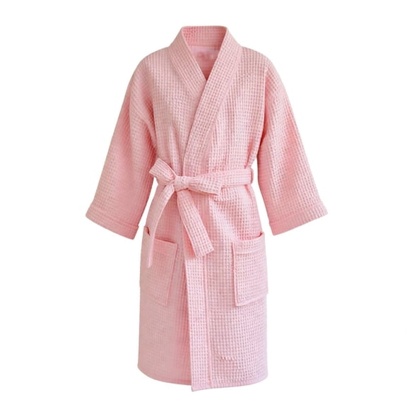 Virmaxy Waffle Weave Kimono Robe Breathable Long Sleeve with Belt and Pockets Lightweight Loungewear for Home and Travel,for 3.3'-3.8' Pink