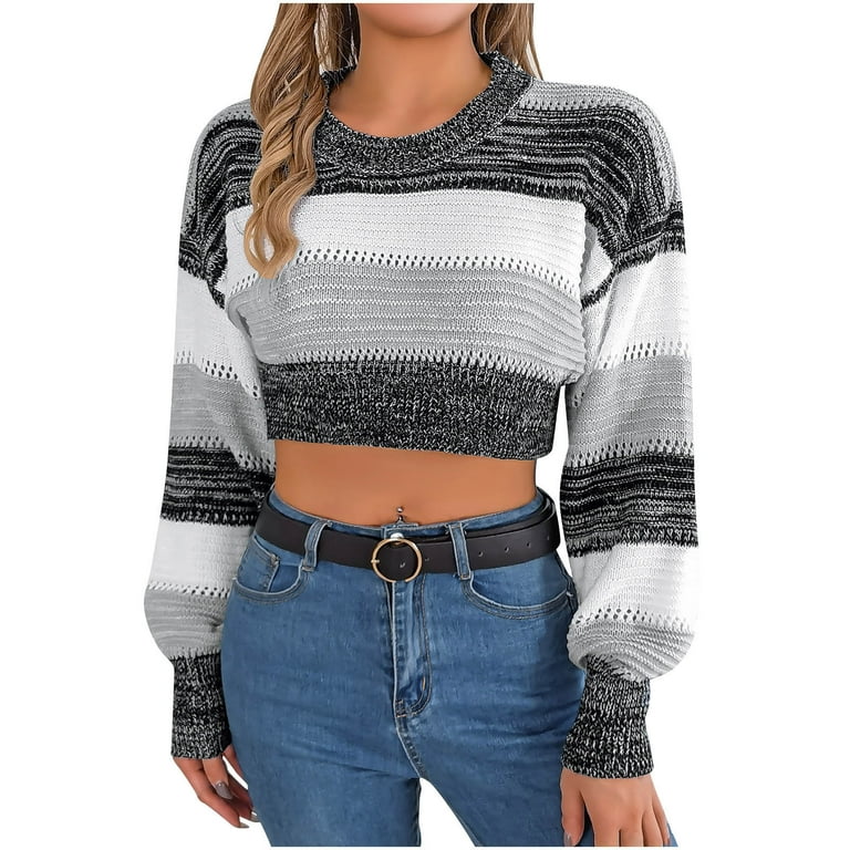 Midriff-baring Stripe Long Sleeve Mini Sweaters Midriff-baring Stripe Long Sleeve Mini Sweaters