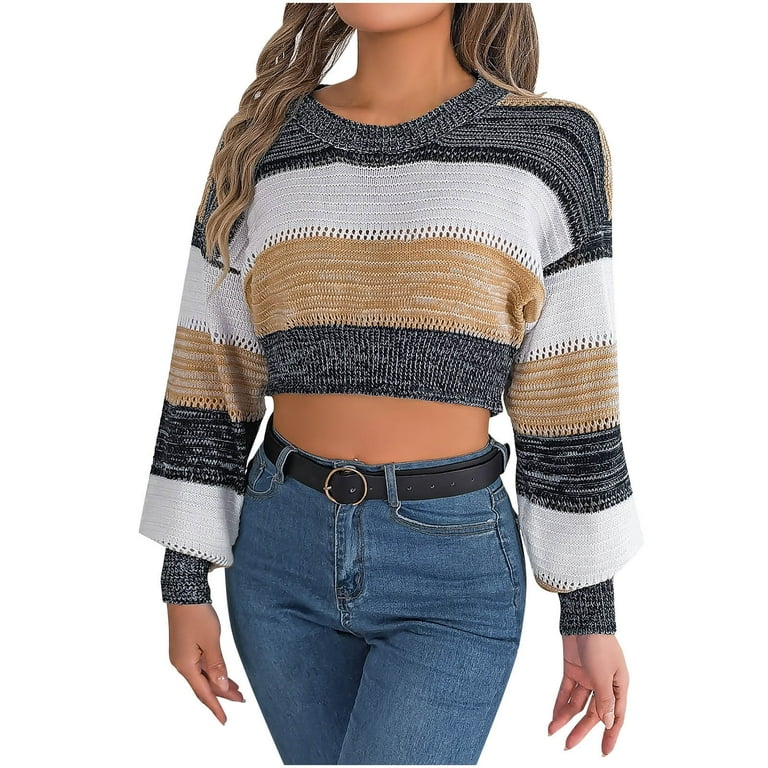 Midriff-baring Stripe Long Sleeve Mini Sweaters Midriff-baring Stripe Long Sleeve Mini Sweaters