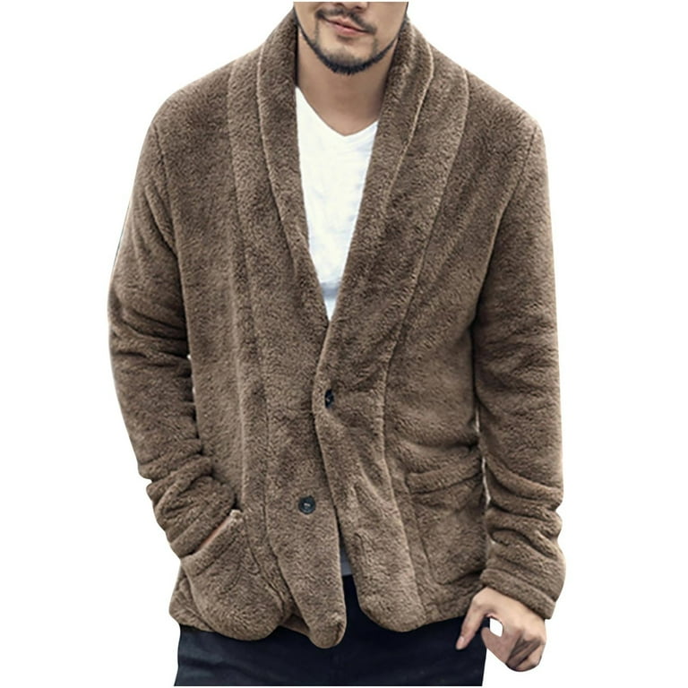 Virmaxy Winter Open Front Fleece Cardigan for Men Shawl Neck Fuzzy