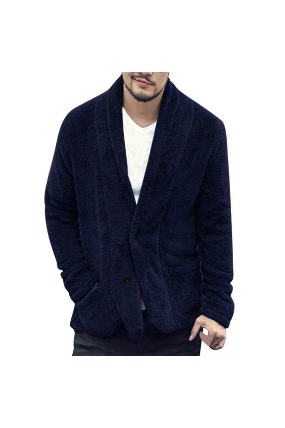 Winter Open Front Fleece Cardigan for Men Shawl Neck Fuzzy Fleece Jacket with Pocket Button Down Long Sleeve Solid Outwear Coat Trendy Casual Fall Winter Plush Cardigan Dark Blue 2XL
