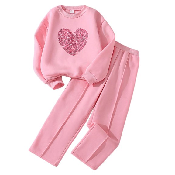 Virmaxy Winter Solid Color Lounge Set Heart Print Long Sleeve Sweatshirt and Wide Leg Pants Soft Fabric for Comfort and Casual Wear for 4.3'-5.6',Pink