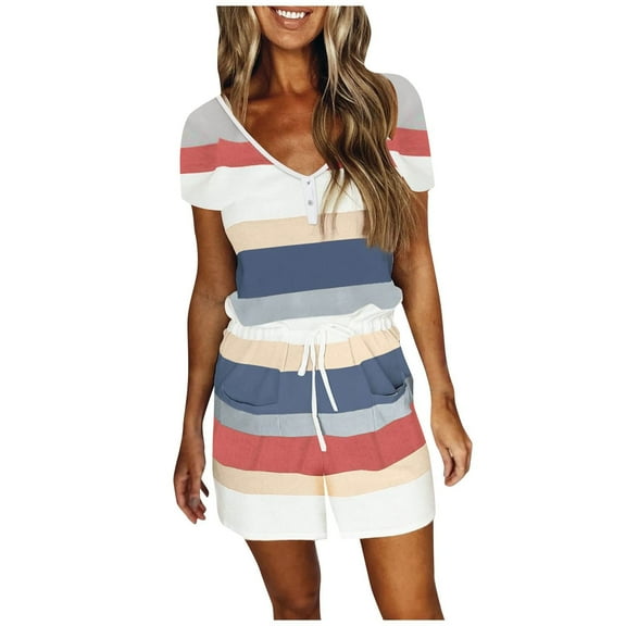 Virmaxy Womems Trendy Striped Jumpsuit Spring Summer Short Sleeve V Neck Overalls with Pocket Drawstring Girdle Flat Front Romper Blue XS