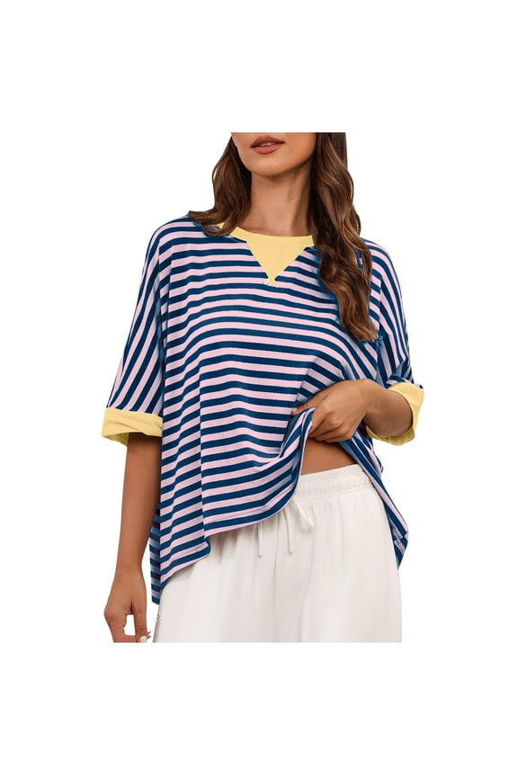 Women 2024 Lightweight Striped T-Shirt Trendy Color Block Design Blouses Effortless Chic Crew Neck Short Sleeves Tops Beige M