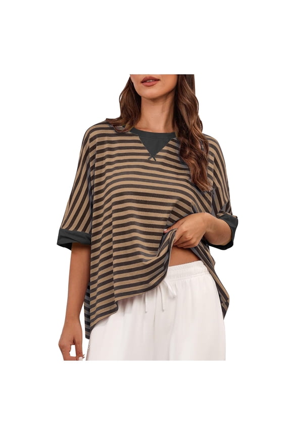 Women 2024 Lightweight Striped T-Shirt Trendy Color Block Design Blouses Effortless Chic Crew Neck Short Sleeves Tops Black XL