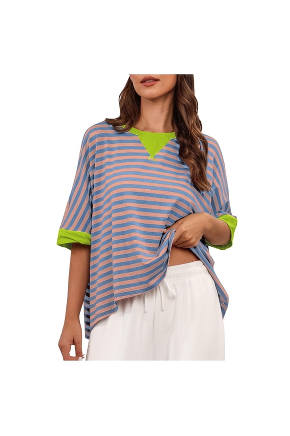 Women 2024 Lightweight Striped T-Shirt Trendy Color Block Design Blouses Effortless Chic Crew Neck Short Sleeves Tops Green XL