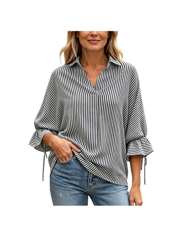 Women Tops Women's 3/4 Sleeve Striped Collared Blouse Split Open Back Tie Cuff Relaxed Loose Fit Casual Vacation Top 2026 Black