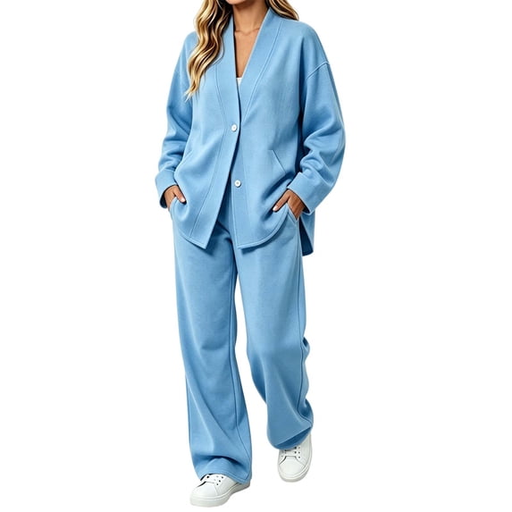 Virmaxy Women's 2 Piece Casual Sweatsuit Set Button Up Long Sleeve Top Wide Leg Pants Matching Lounge Set with Pockets for Fall Winter Casual Outfits Travel Clothes