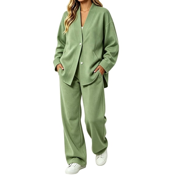 Virmaxy Women's 2 Piece Casual Sweatsuit Set Button Up Long Sleeve Top Wide Leg Pants Matching Lounge Set with Pockets for Fall Winter Casual Outfits Travel Clothes