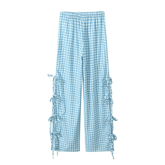 Virmaxy Women's 2024 Casual Ginghem Tie Up Pants High Waist Loose Fit Plaid Palazzo Pants with Drawstring for Travel and Daily Wear Blue-1 L