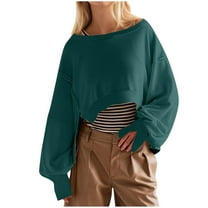 Virmaxy Women's 2024 Trendy Cropped Sweatshirt Scoop Neck Side Slits Long Sleeve Outfits Loose Asymmetrical Hem Pullover Tops Army Green L