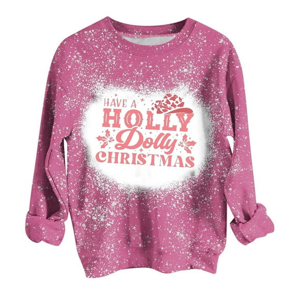 Virmaxy Women's Christmas Casual Round Neck Sweatshirt Have A Holly Dolly Christmas Printed Tops Long Sleeve Pullover T-Shirt Round Neck Top/Shirt Pink XXL