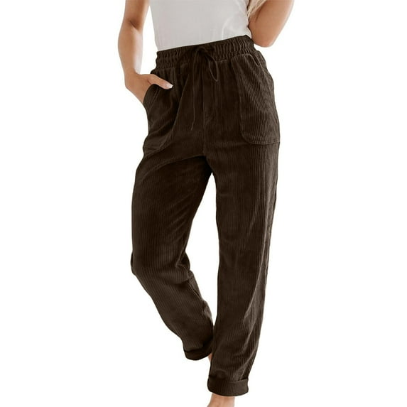 Virmaxy Women's Corduroy Straight-Leg Comfy Pants Elastic-Waist Drawstring Corduroy Pants with Solid Color Pocket Loose Trousers with Pockets Brown M