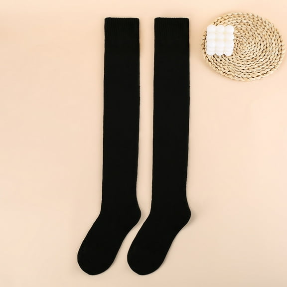 Virmaxy Women's Cotton Socks Knee High Knit Socks Solid Colour Thickened Terry Autumn and Winter Warm Socks Black One Size