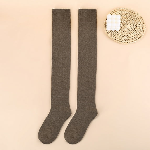 Virmaxy Women's Cotton Socks Knee High Knit Socks Solid Colour Thickened Terry Autumn and Winter Warm Socks Coffee One Size