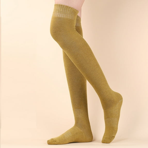 Virmaxy Women's Cotton Socks Knee High Knit Socks Solid Colour Thickened Terry Autumn and Winter Warm Socks Yellow One Size
