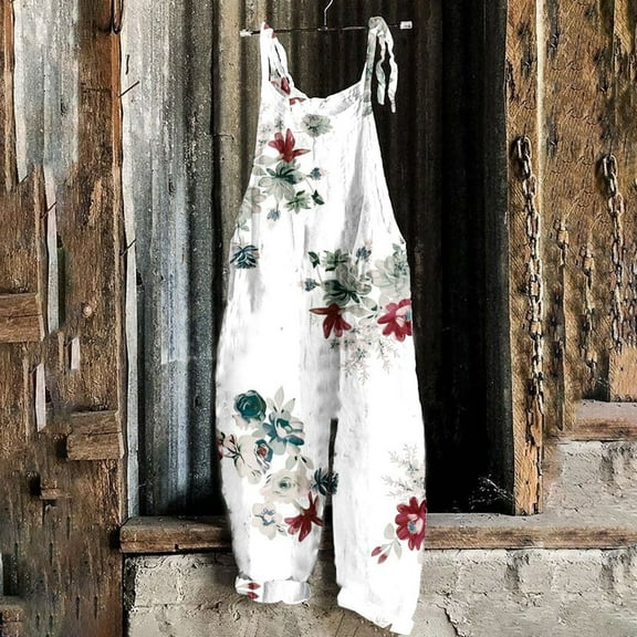 Virmaxy Women's Fashion Overalls Beautiful Pattern Print Adjustable Backless Pants Wide Leg Pockets Baggy Overalls For Women White-C XS