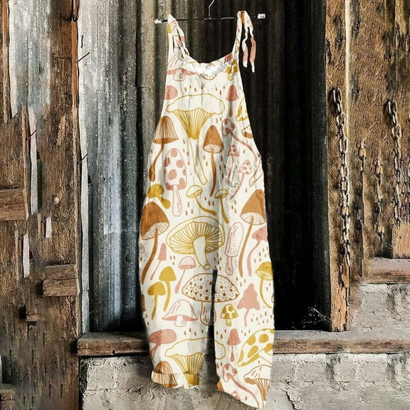 Virmaxy Women's Fashion Overalls Beautiful Pattern Print Adjustable Backless Pants Wide Leg Pockets Baggy Overalls For Women Yellow S