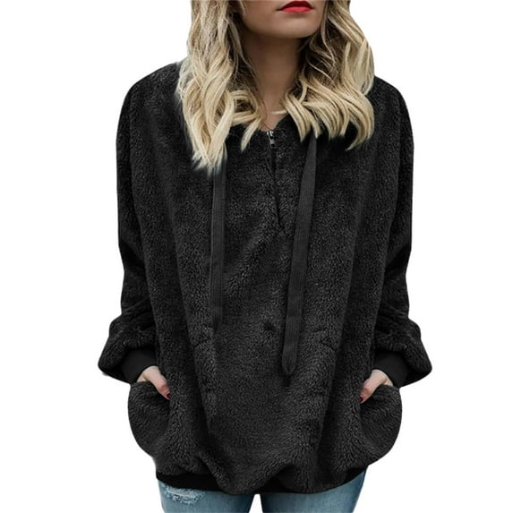 Virmaxy Women's Fleece Lined Hoodie Solid Color Hooded Sweatshirt Coat Winter Warm Wool Half Zipper Pullover Sweatshirt With Pockets Cotton Outwear For Women Black 4XL