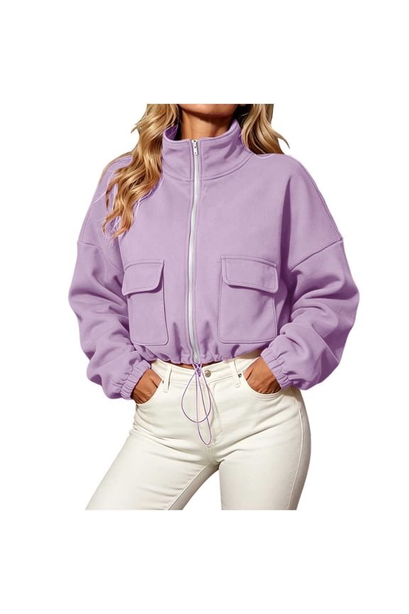 Women's Full Zip Funnel Neck Cropped Sweatshirt Long Sleeve Oversized Drop Shoulder Casual Top with Chest Pockets Drawstring Hem for Daily Wear S-XXL