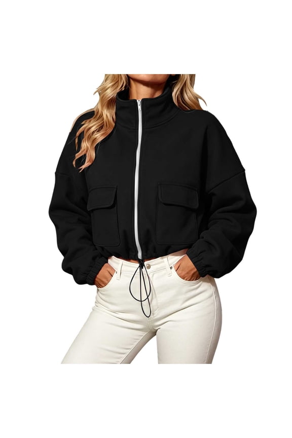 Women's Full Zip Funnel Neck Cropped Sweatshirt Long Sleeve Oversized Drop Shoulder Casual Top with Chest Pockets Drawstring Hem for Daily Wear S-XXL