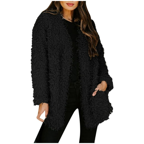 Virmaxy Women's Fuzzy Fleece Open Front Long Cardigan Coat Shawl Neck Faux Shearling Shaggy Jacket Cardigan Long Sleeve Solid Color Casual Outerwear Black M