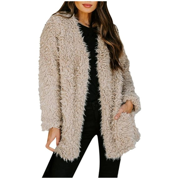 Virmaxy Women's Fuzzy Fleece Open Front Long Cardigan Coat Shawl Neck Faux Shearling Shaggy Jacket Cardigan Long Sleeve Solid Color Casual Outerwear Khaki S