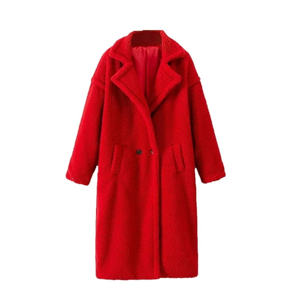 Virmaxy Women's Fuzzy Fleece Open Front Long Cardigan Coat Solid Faux Lamb Wool Thicken Shacket Jacket with Pocket Notch Collar Long Sleeve Button Plush Outwear Jacket Red M