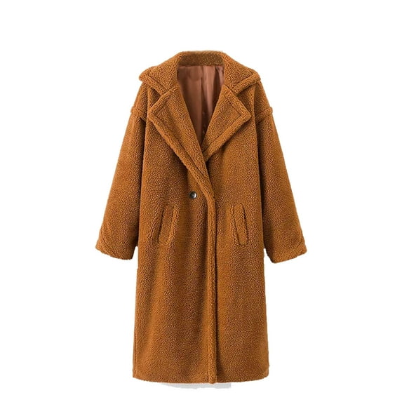 Virmaxy Women's Fuzzy Fleece Open Front Long Cardigan Coat Solid Faux Lamb Wool Thicken Shacket Jacket with Pocket Notch Collar Long Sleeve Button Plush Outwear Jacket Coffee S